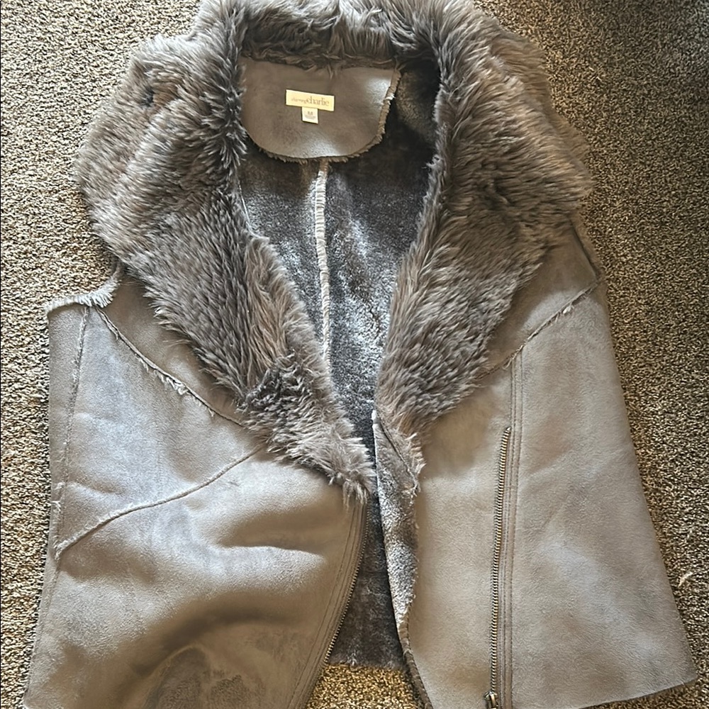 Charming Charlie Taupe Faux Suede Vest with Plush Fur Trim